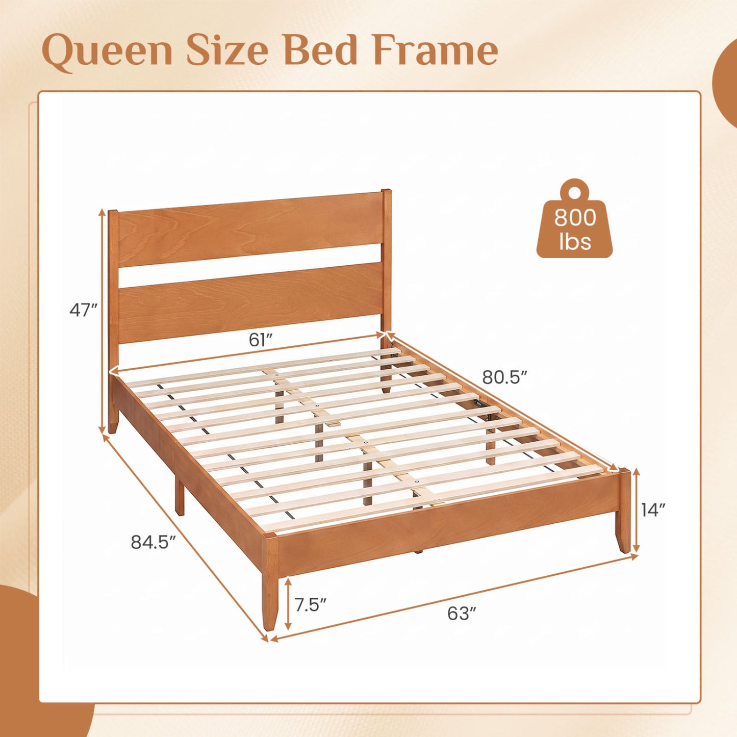 Queen Bed Frame with Headboard, Solid Wood Legs, Brown