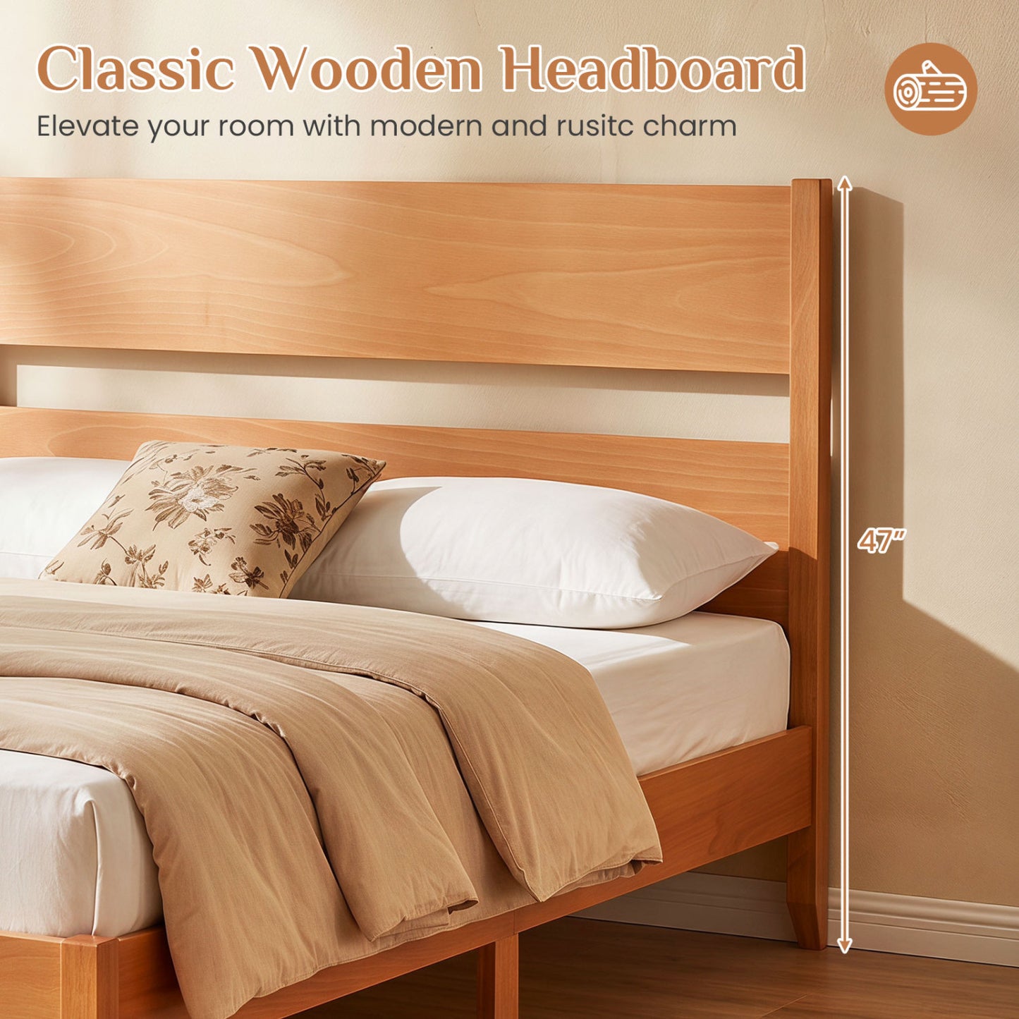 Queen Bed Frame with Headboard, Solid Wood Legs, Brown