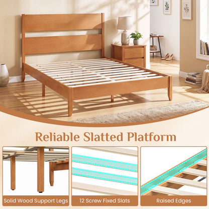 Queen Bed Frame with Headboard, Solid Wood Legs, Brown