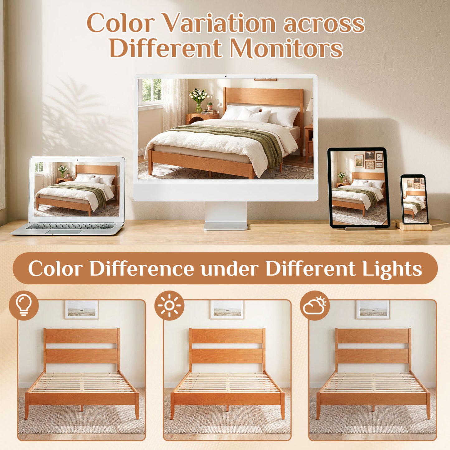 Queen Bed Frame with Headboard, Solid Wood Legs, Brown