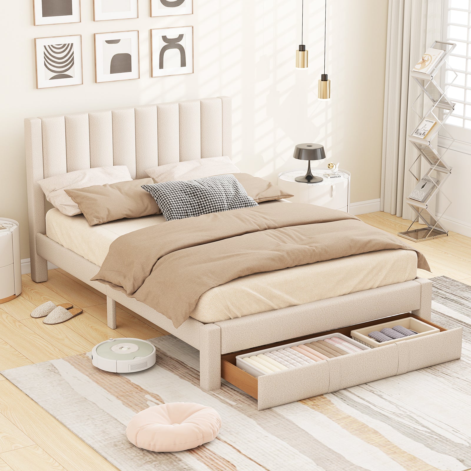 Queen Size Bed Frame with Storage Drawer and Vertical Channel Headboard, Beige Simple Bed Frame at Gallery Canada