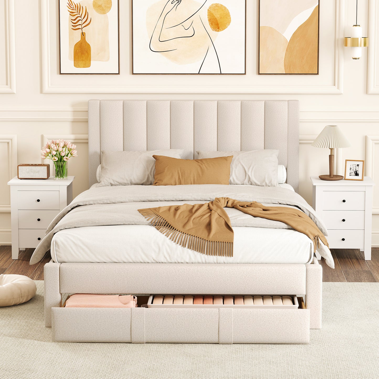Queen Size Bed Frame with Storage Drawer and Vertical Channel Headboard, Beige Simple Bed Frame at Gallery Canada