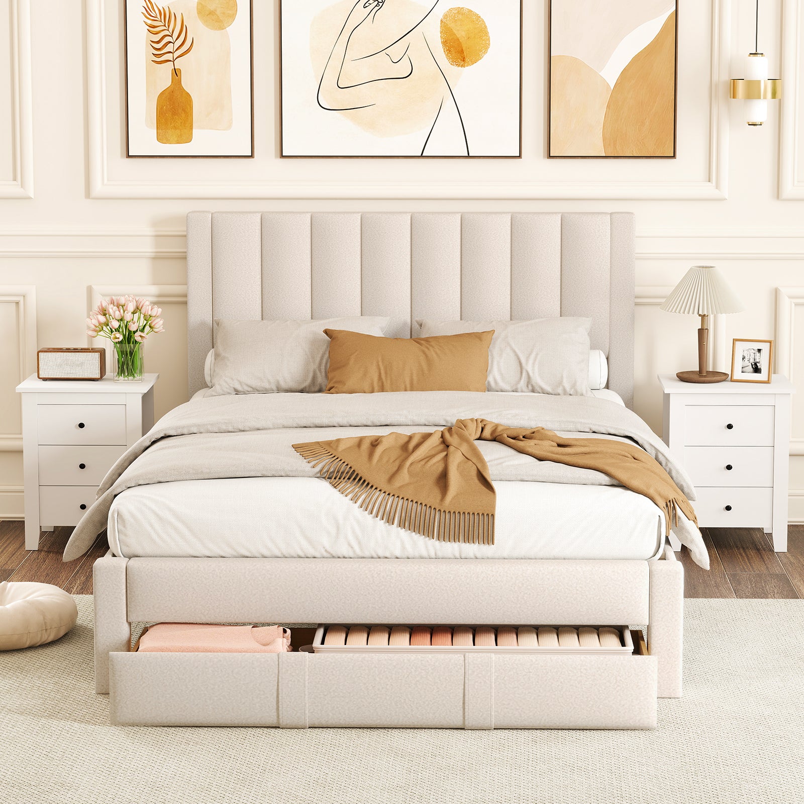 Queen Size Bed Frame with Storage Drawer and Vertical Channel Headboard, Beige Simple Bed Frame at Gallery Canada
