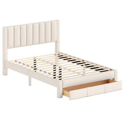Queen Size Bed Frame with Storage Drawer and Vertical Channel Headboard, Beige Simple Bed Frame Beige at Gallery Canada