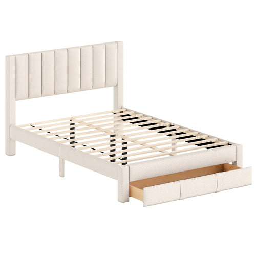 Queen Size Bed Frame, Storage Drawer, Channel Headboard, Beige