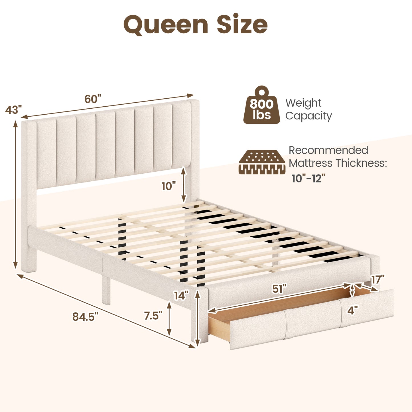 Queen Size Bed Frame with Storage Drawer and Vertical Channel Headboard, Beige Simple Bed Frame at Gallery Canada