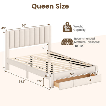 Queen Size Bed Frame with Storage Drawer and Vertical Channel Headboard, Beige Simple Bed Frame at Gallery Canada