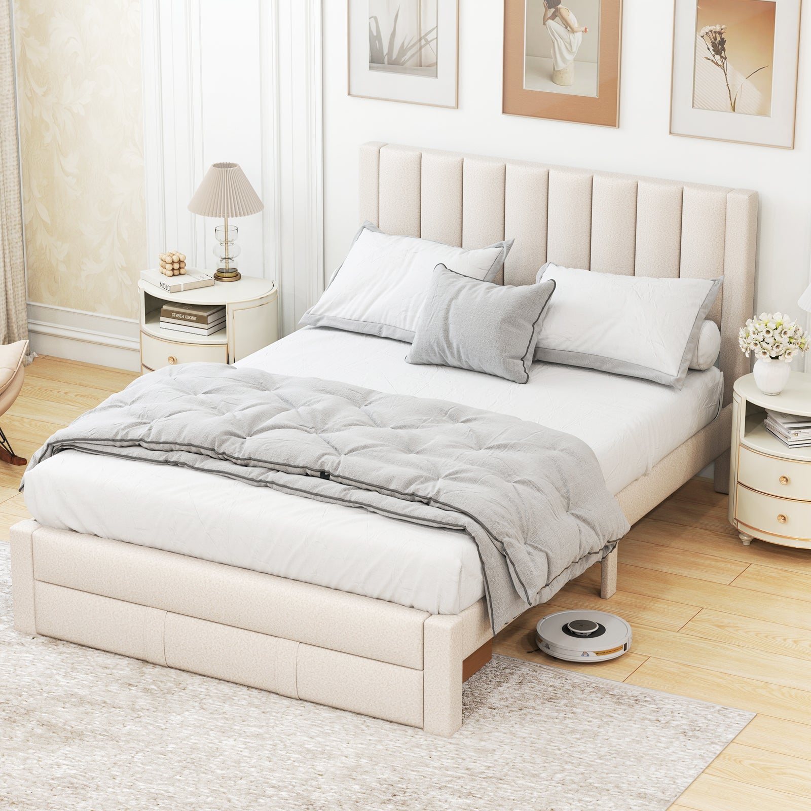Queen Size Bed Frame with Storage Drawer and Vertical Channel Headboard, Beige Simple Bed Frame at Gallery Canada