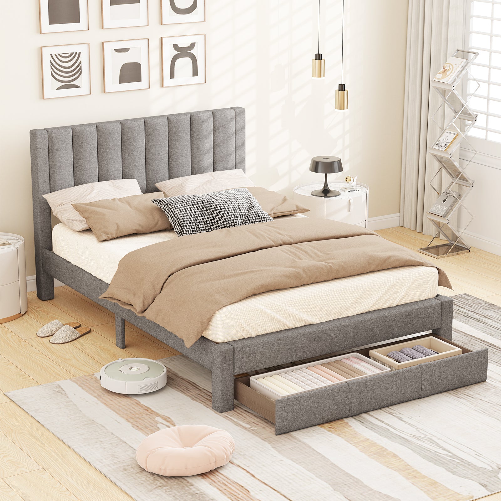 Queen Size Bed Frame with Storage Drawer and Vertical Channel Headboard, Gray Simple Bed Frame at Gallery Canada