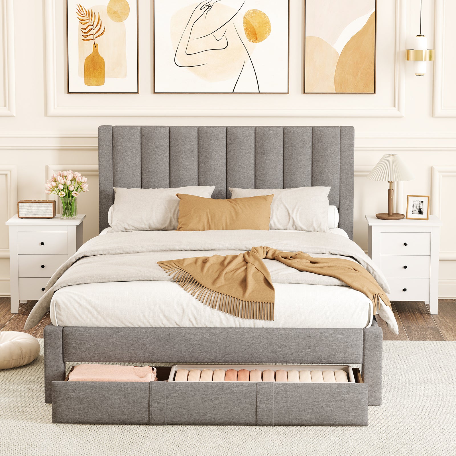 Queen Size Bed Frame with Storage Drawer and Vertical Channel Headboard, Gray Simple Bed Frame at Gallery Canada