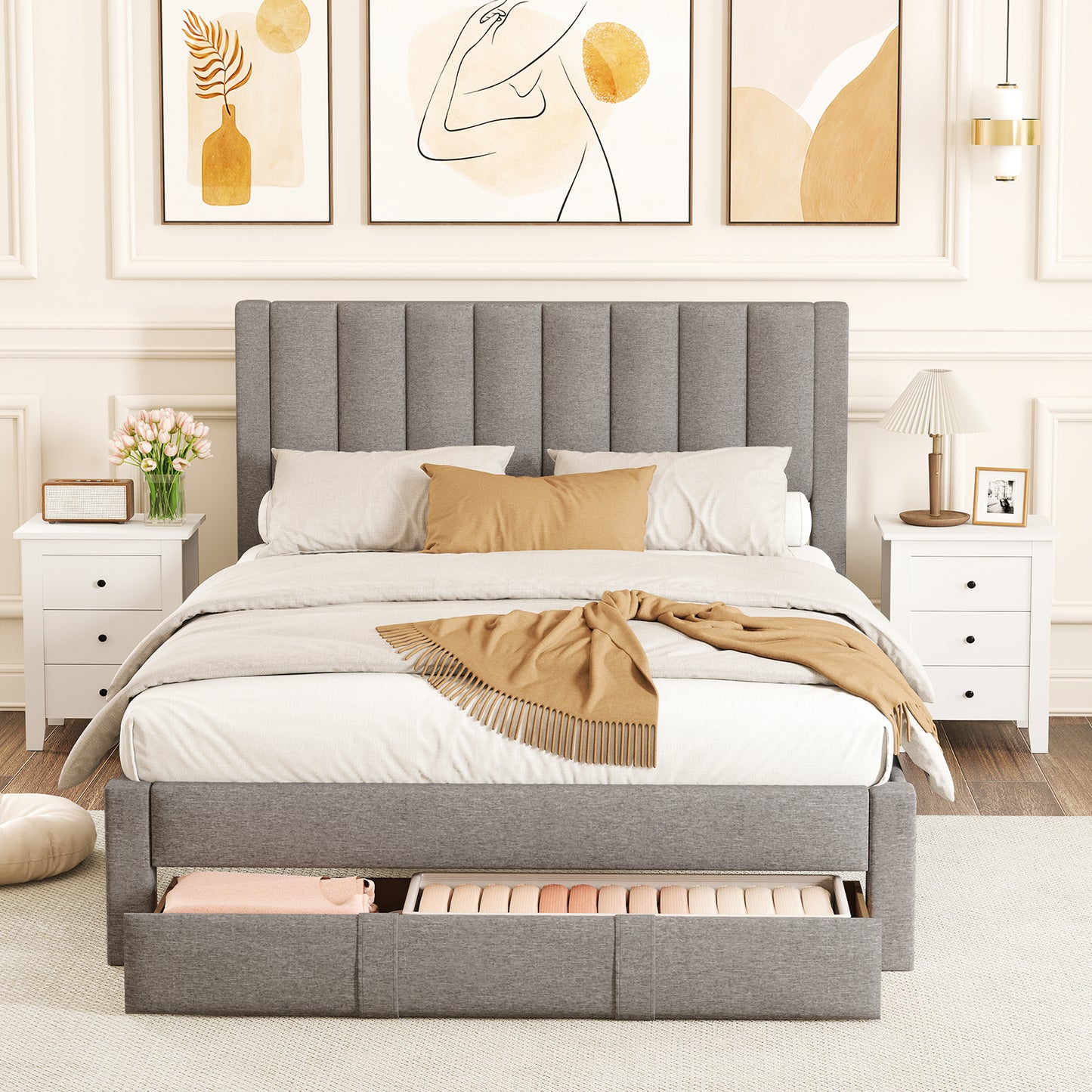Queen Size Bed Frame with Storage Drawer and Vertical Channel Headboard, Gray Simple Bed Frame at Gallery Canada