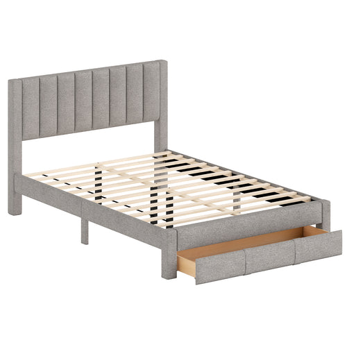 Queen Size Bed Frame, Storage Drawer, Channel Headboard, Gray