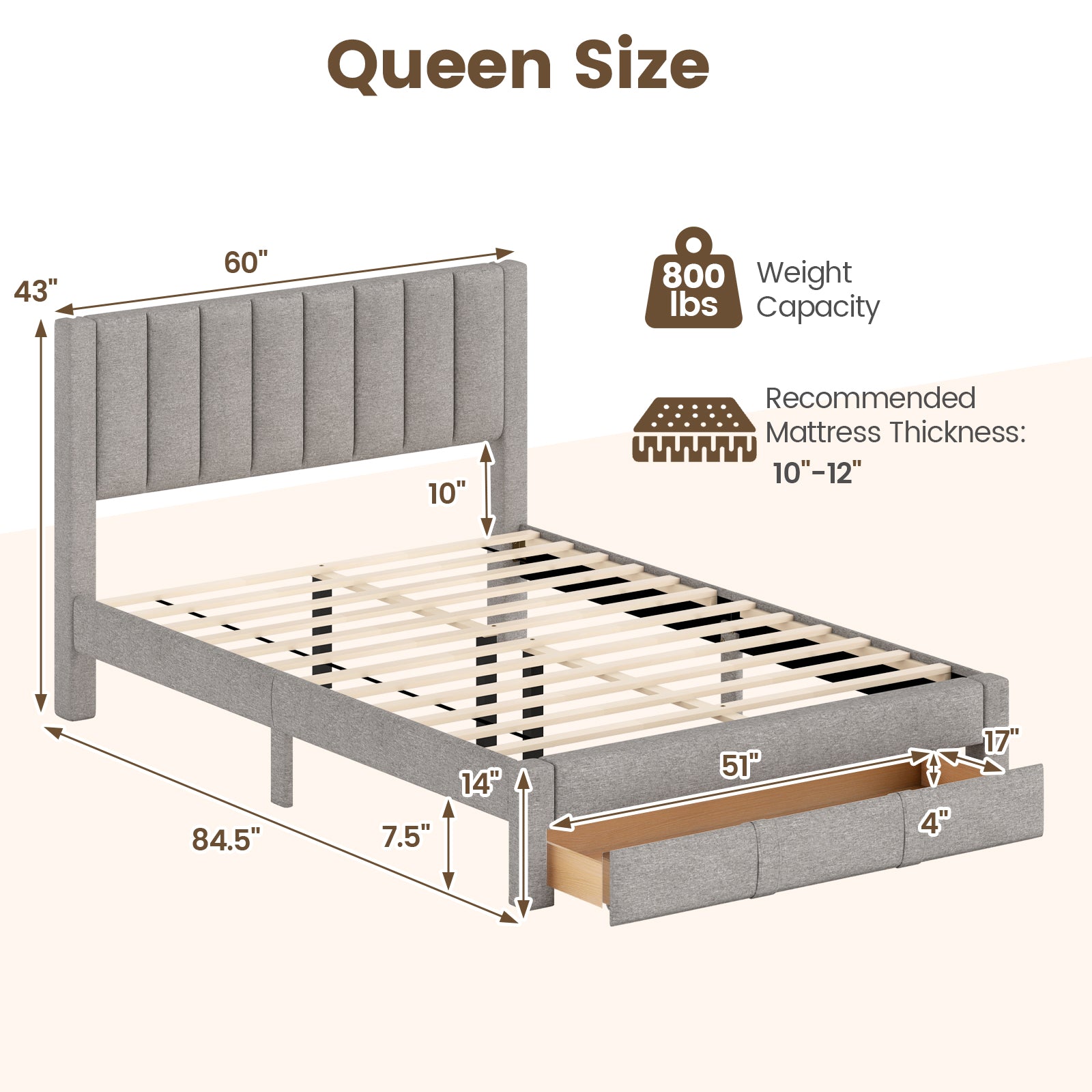 Queen Size Bed Frame with Storage Drawer and Vertical Channel Headboard, Gray Simple Bed Frame at Gallery Canada