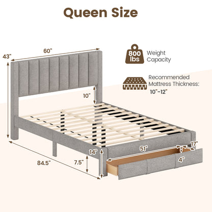 Queen Size Bed Frame with Storage Drawer and Vertical Channel Headboard, Gray Simple Bed Frame at Gallery Canada