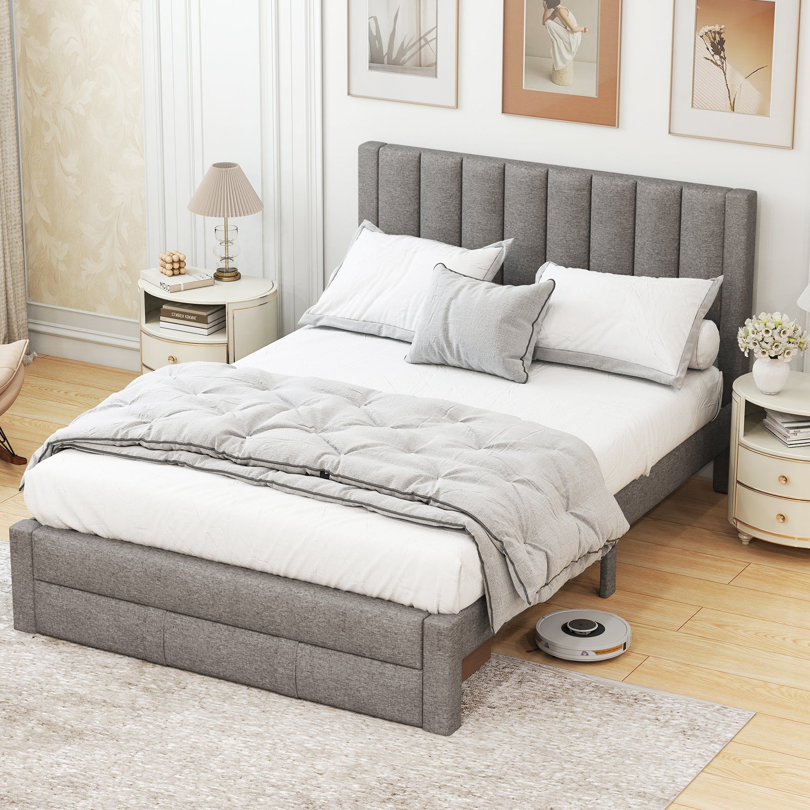 Queen Size Bed Frame with Storage Drawer and Vertical Channel Headboard, Gray Simple Bed Frame at Gallery Canada
