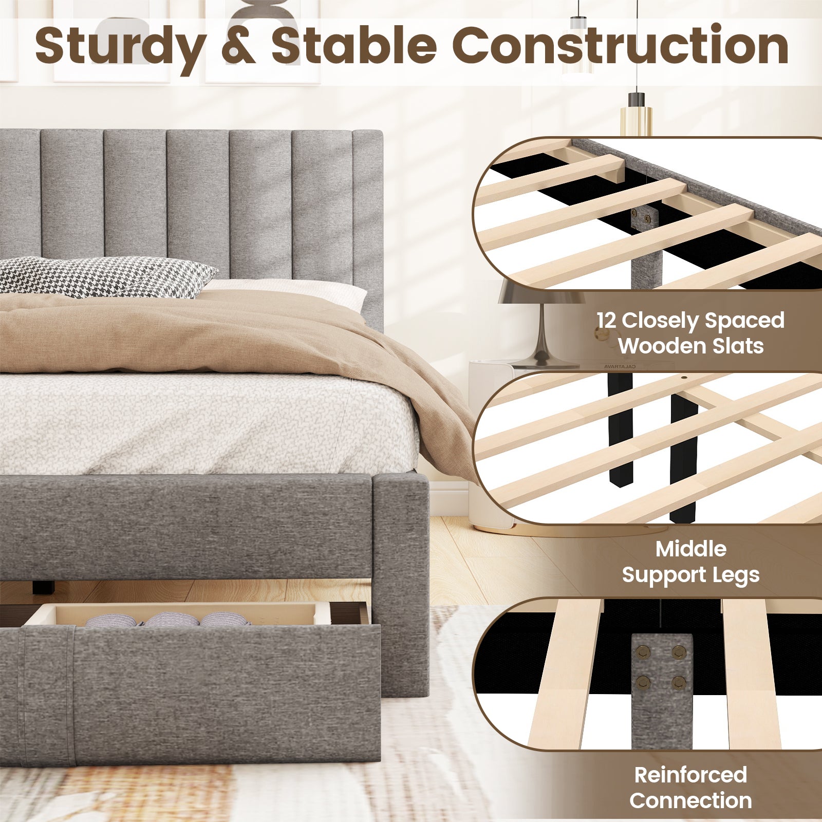 Queen Size Bed Frame with Storage Drawer and Vertical Channel Headboard, Gray Simple Bed Frame at Gallery Canada