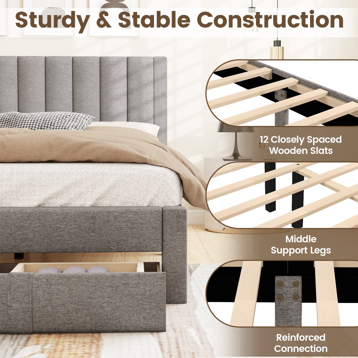 Queen Size Bed Frame with Storage Drawer and Vertical Channel Headboard, Gray Simple Bed Frame at Gallery Canada