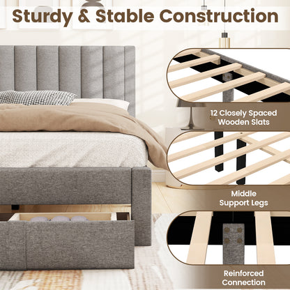 Queen Size Bed Frame with Storage Drawer and Vertical Channel Headboard, Gray Simple Bed Frame at Gallery Canada