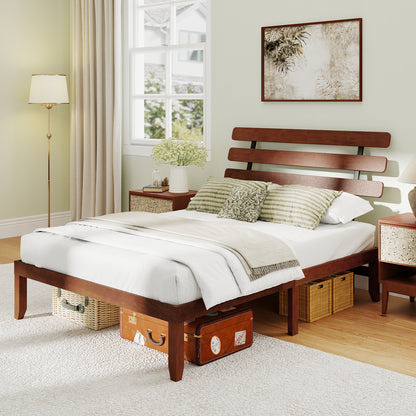 Queen Size Bed Frame 15.5 Inch Solid Wood Platform Bed with Retro Headboard, Walnut Simple Bed Frame at Gallery Canada