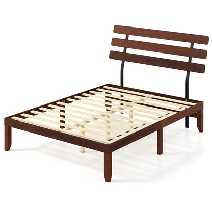Queen Size Bed Frame, 15.5 Inch Solid Wood Platform, Retro Headboard, Walnut Simple Bed Frame Walnut at Gallery Canada