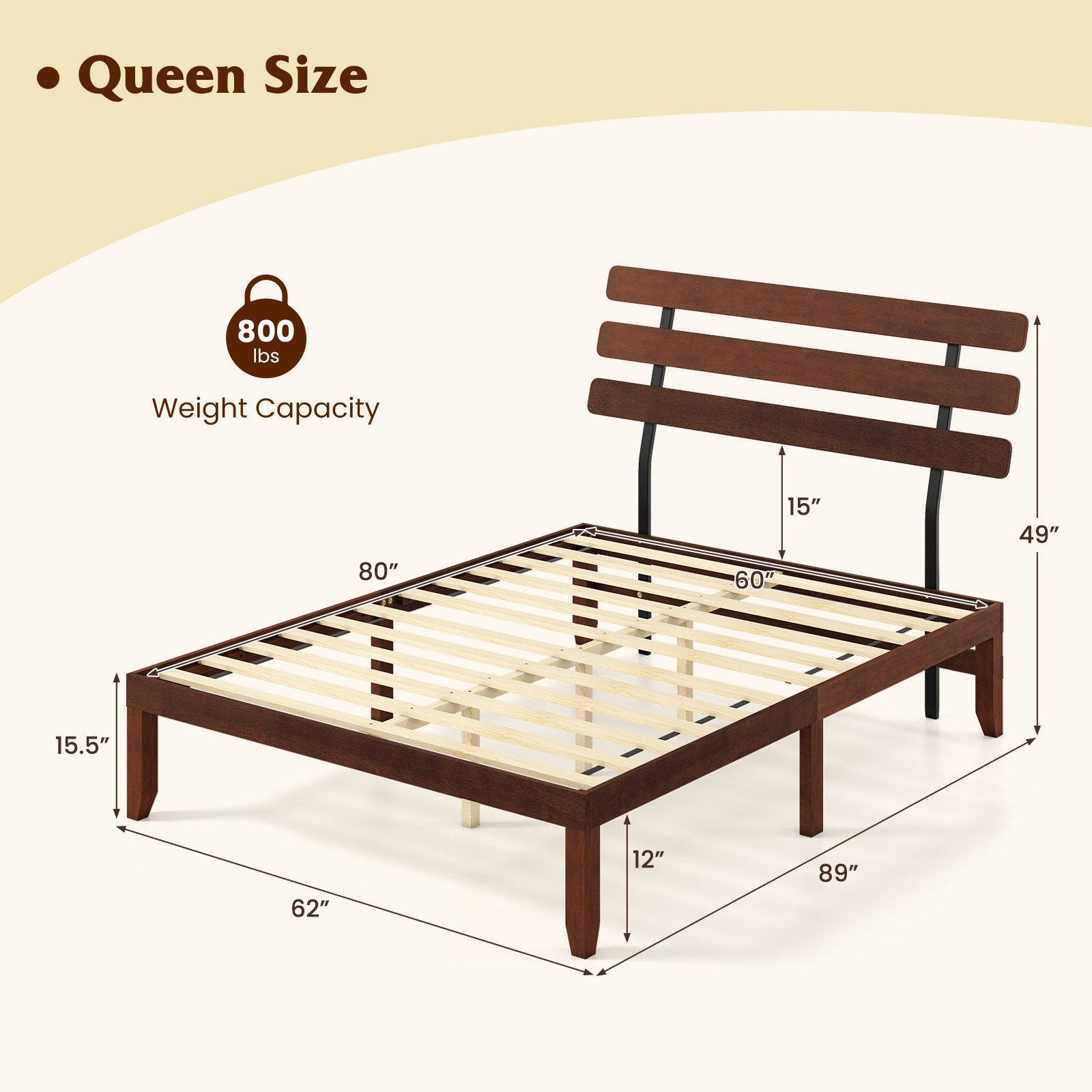 Queen Size Bed Frame 15.5 Inch Solid Wood Platform Bed with Retro Headboard, Walnut Simple Bed Frame at Gallery Canada