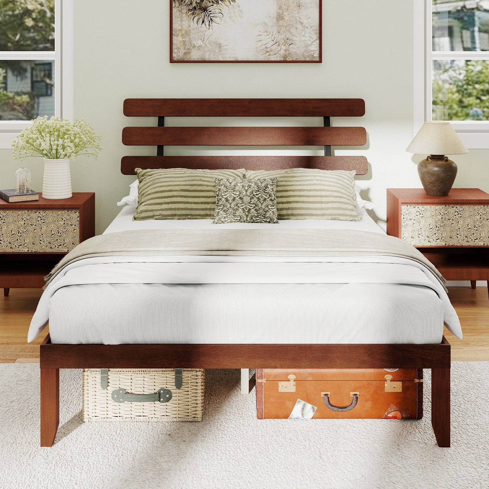 Queen Size Bed Frame 15.5 Inch Solid Wood Platform Bed with Retro Headboard, Walnut Simple Bed Frame at Gallery Canada