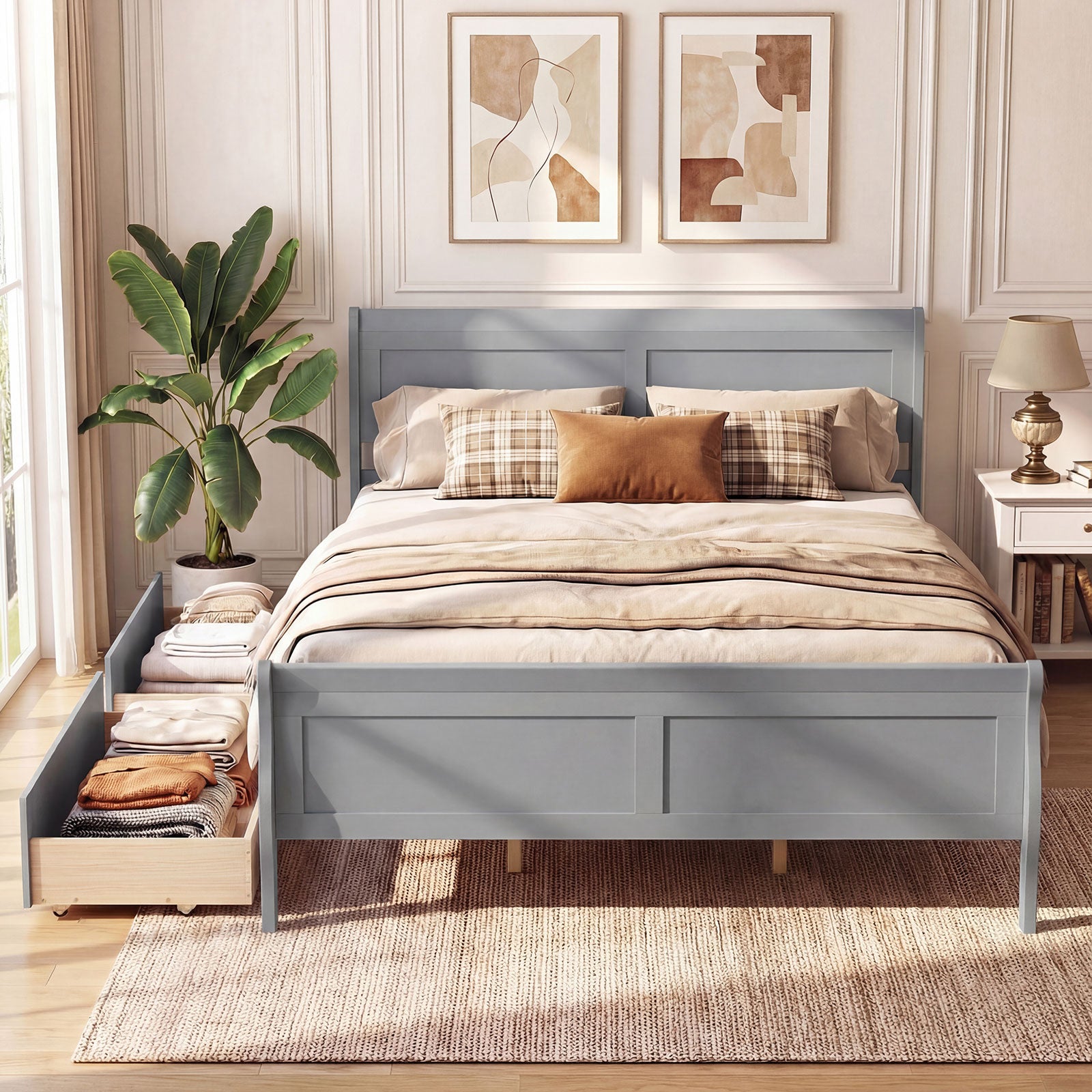 Queen Size Bed Frame, 2 Storage Drawers, Gray Simple Bed Frame at Gallery Canada