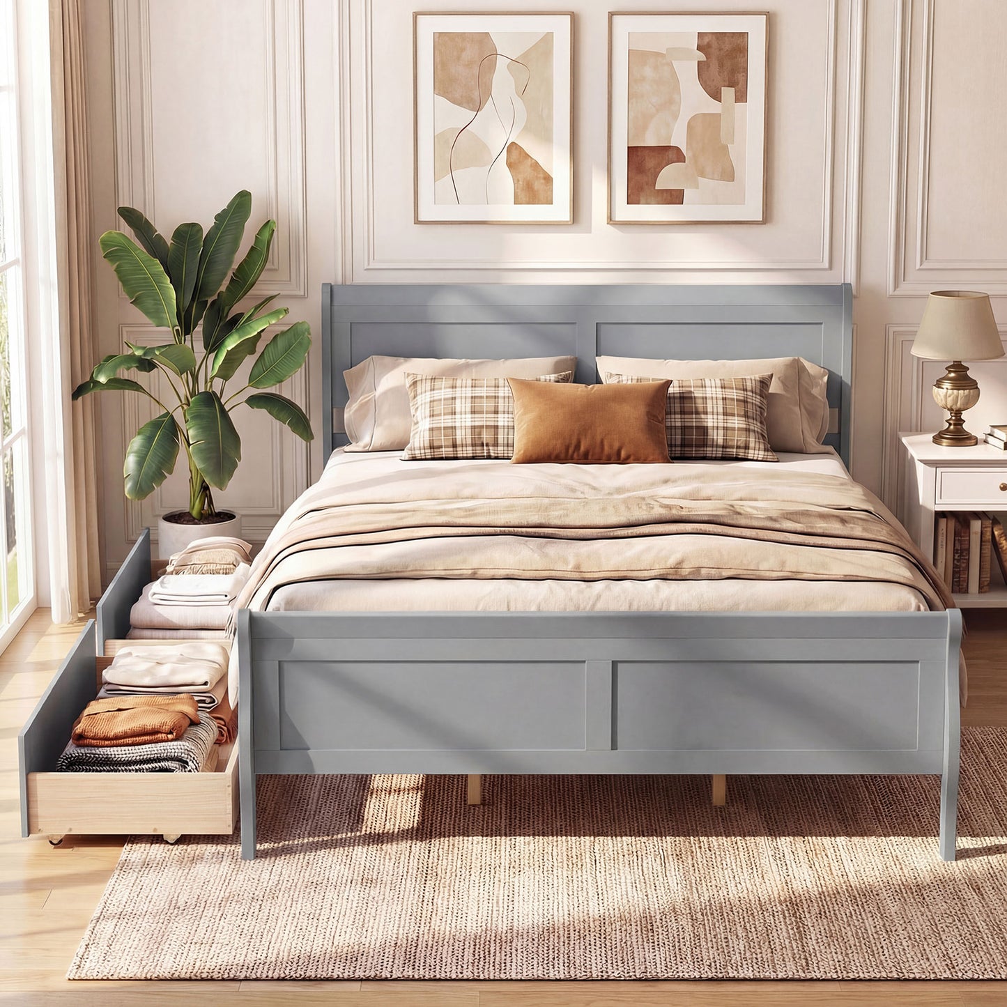 Queen Size Bed Frame, 2 Storage Drawers, Gray Simple Bed Frame at Gallery Canada