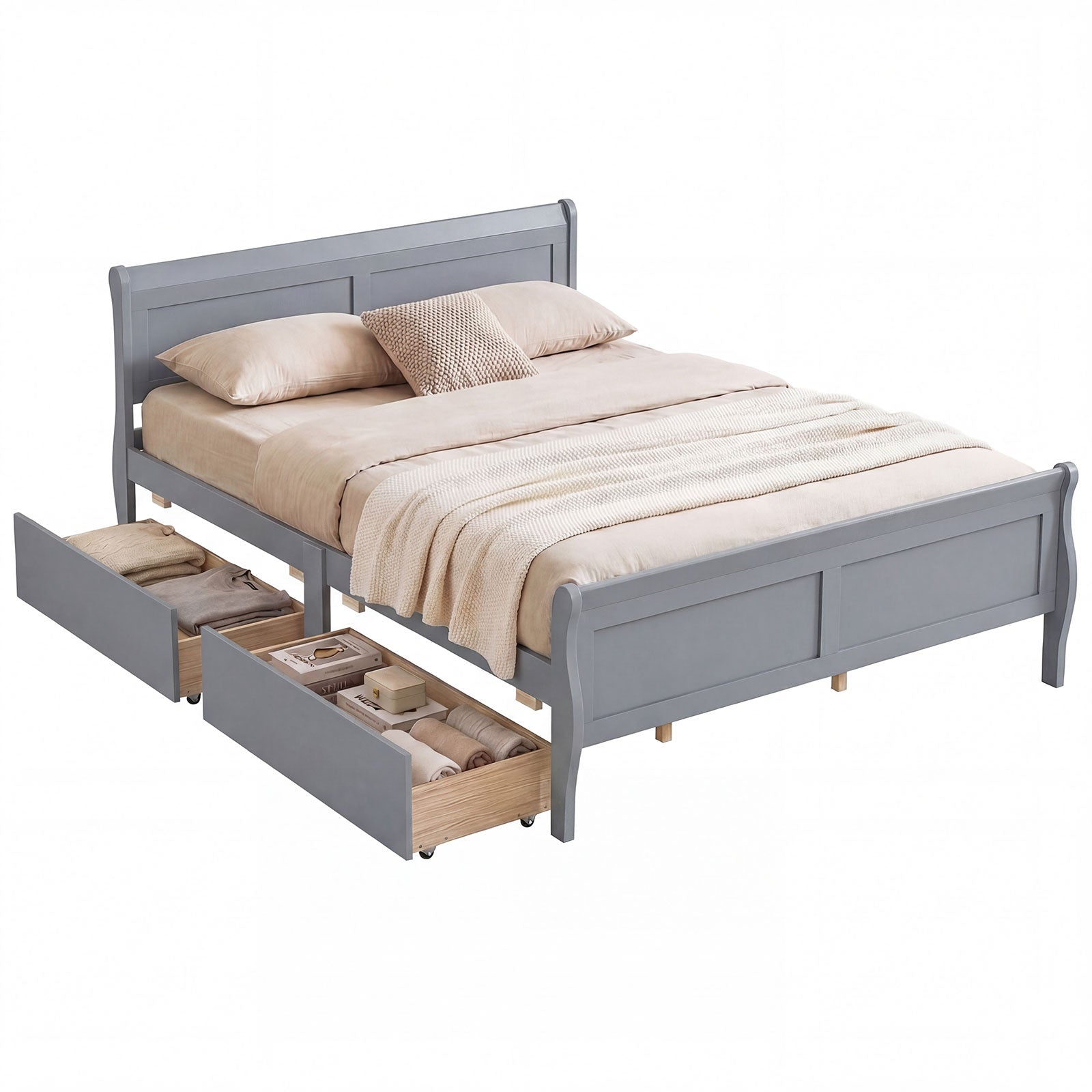 Queen Size Bed Frame, 2 Storage Drawers, Gray Simple Bed Frame at Gallery Canada