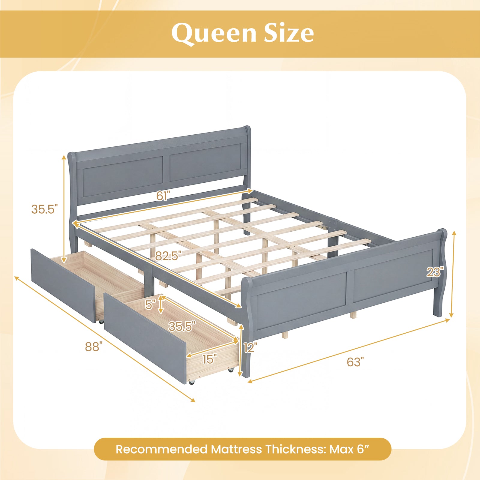 Queen Size Bed Frame, 2 Storage Drawers, Gray Simple Bed Frame at Gallery Canada