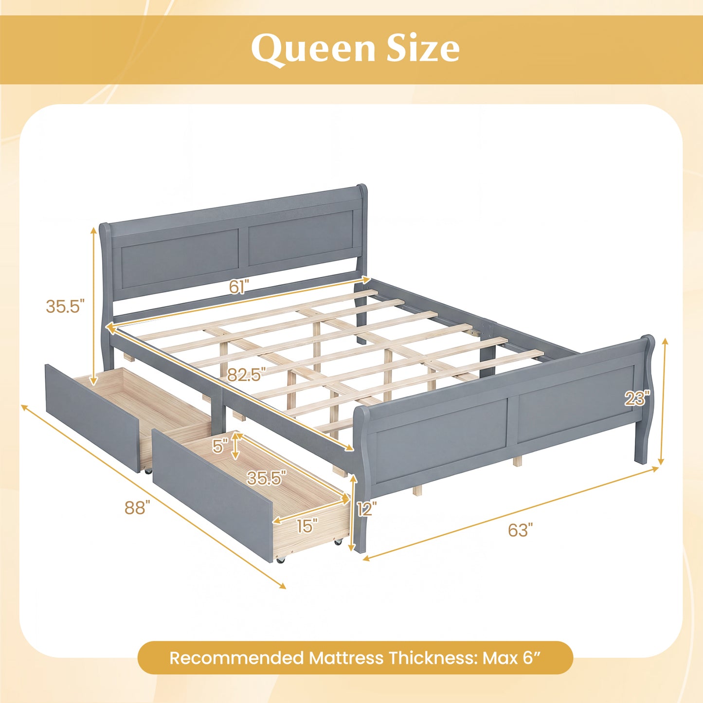 Queen Size Bed Frame, 2 Storage Drawers, Gray Simple Bed Frame at Gallery Canada