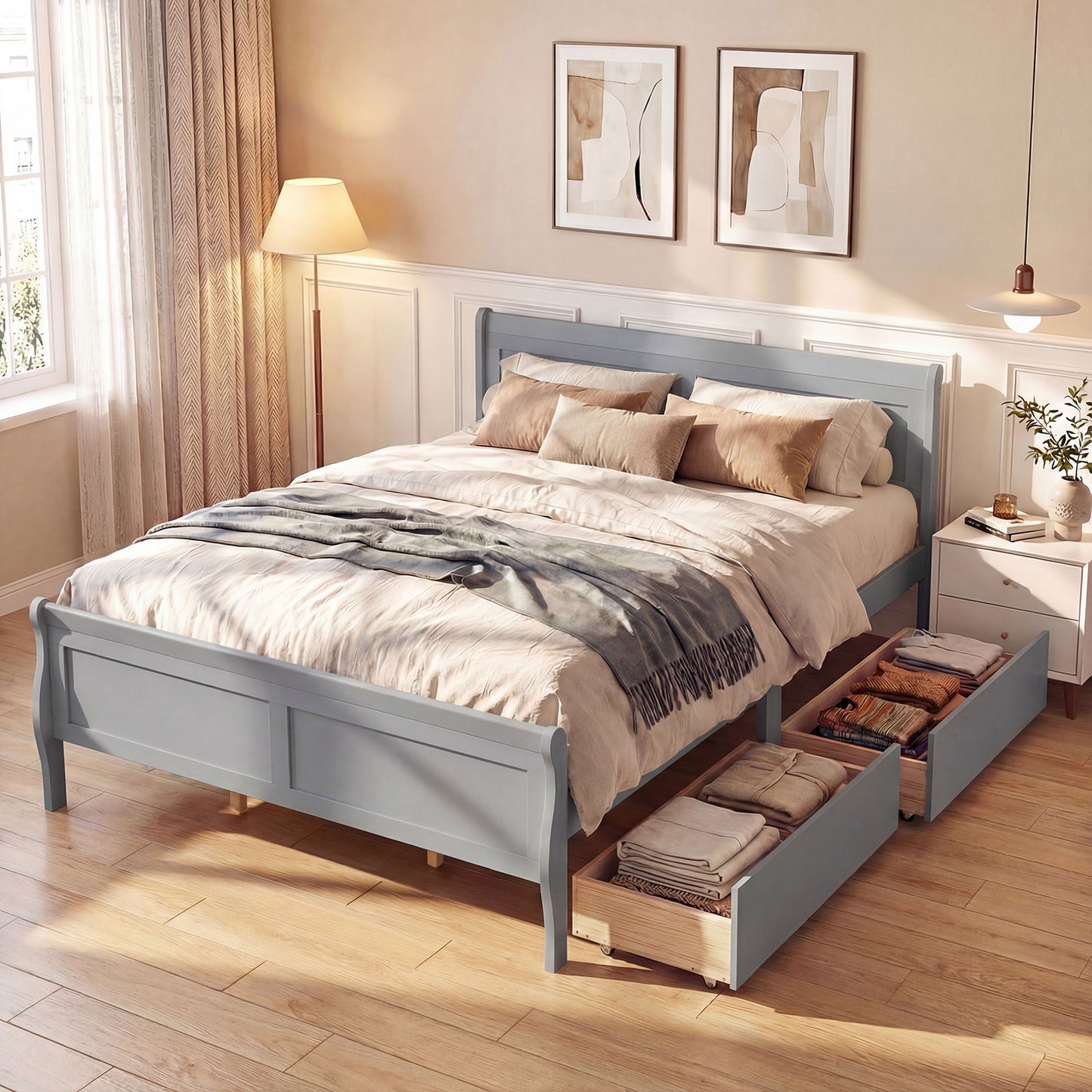 Queen Size Bed Frame, 2 Storage Drawers, Gray Simple Bed Frame at Gallery Canada