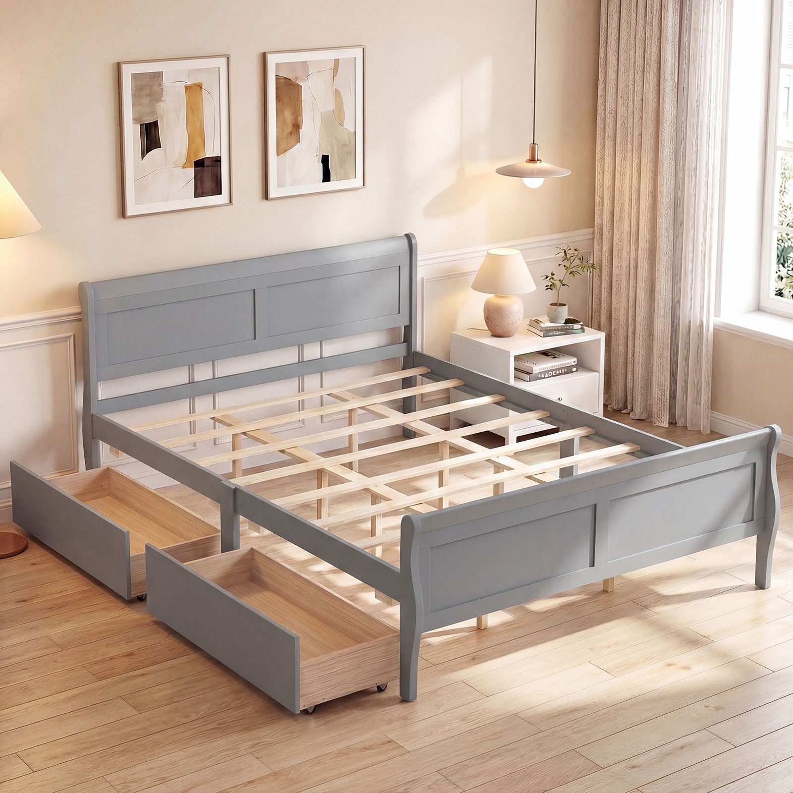 Queen Size Bed Frame, 2 Storage Drawers, Gray Simple Bed Frame at Gallery Canada
