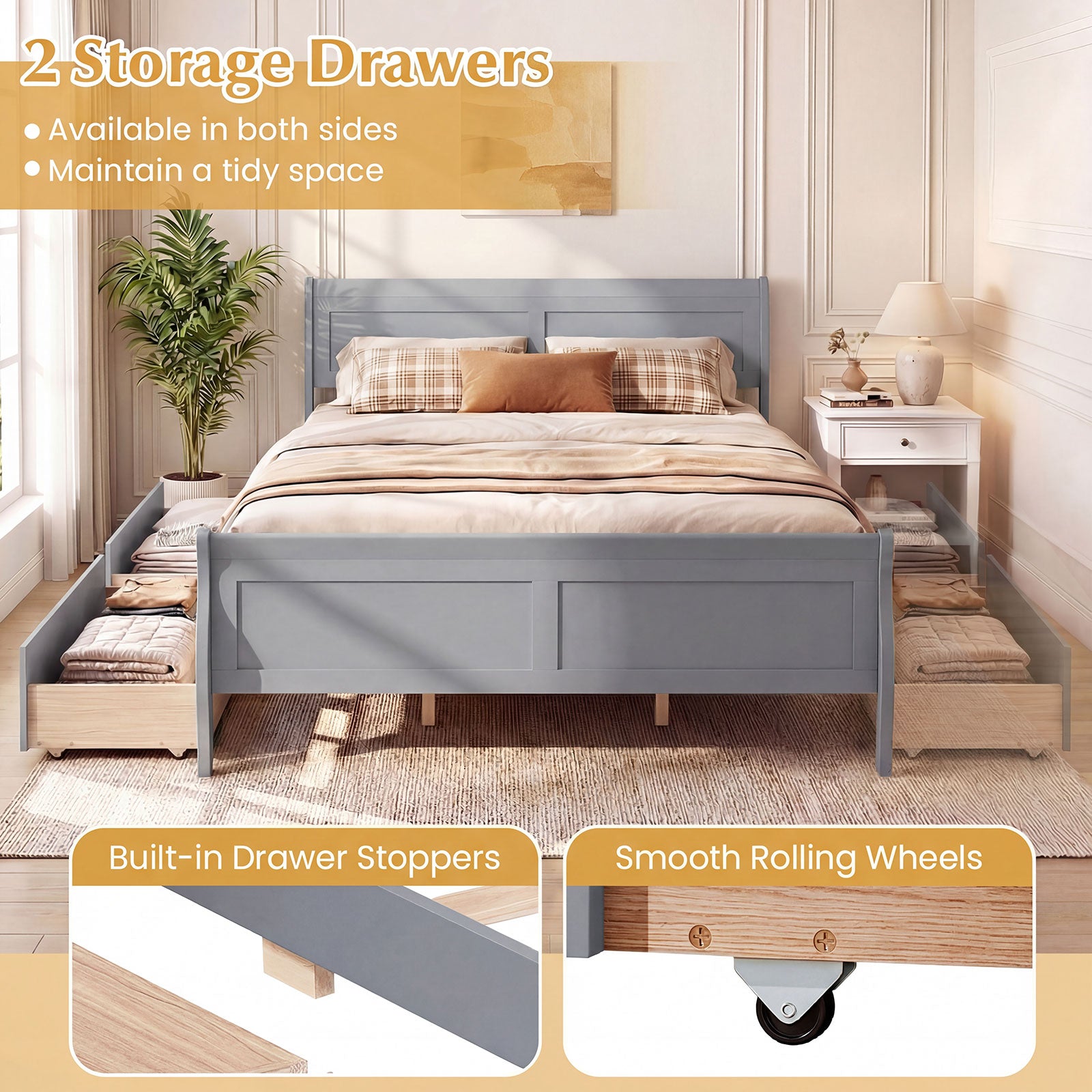 Queen Size Bed Frame, 2 Storage Drawers, Gray Simple Bed Frame at Gallery Canada