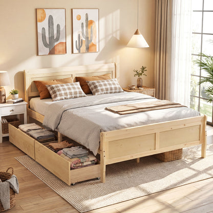 Queen Bed Frame With 2 Storage Drawers, Footboard, Natural Simple Bed Frame at Gallery Canada