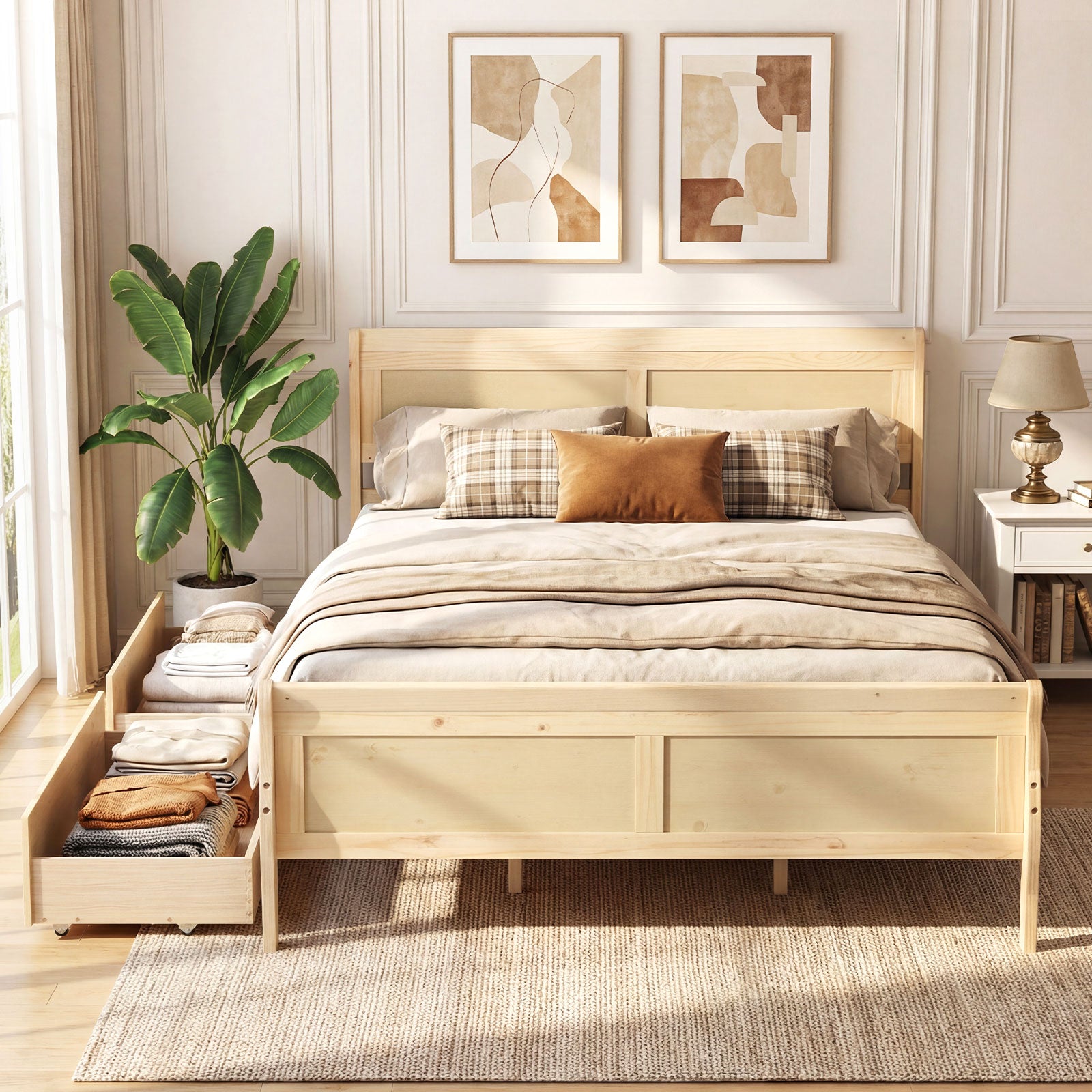 Queen Bed Frame With 2 Storage Drawers, Footboard, Natural Simple Bed Frame at Gallery Canada
