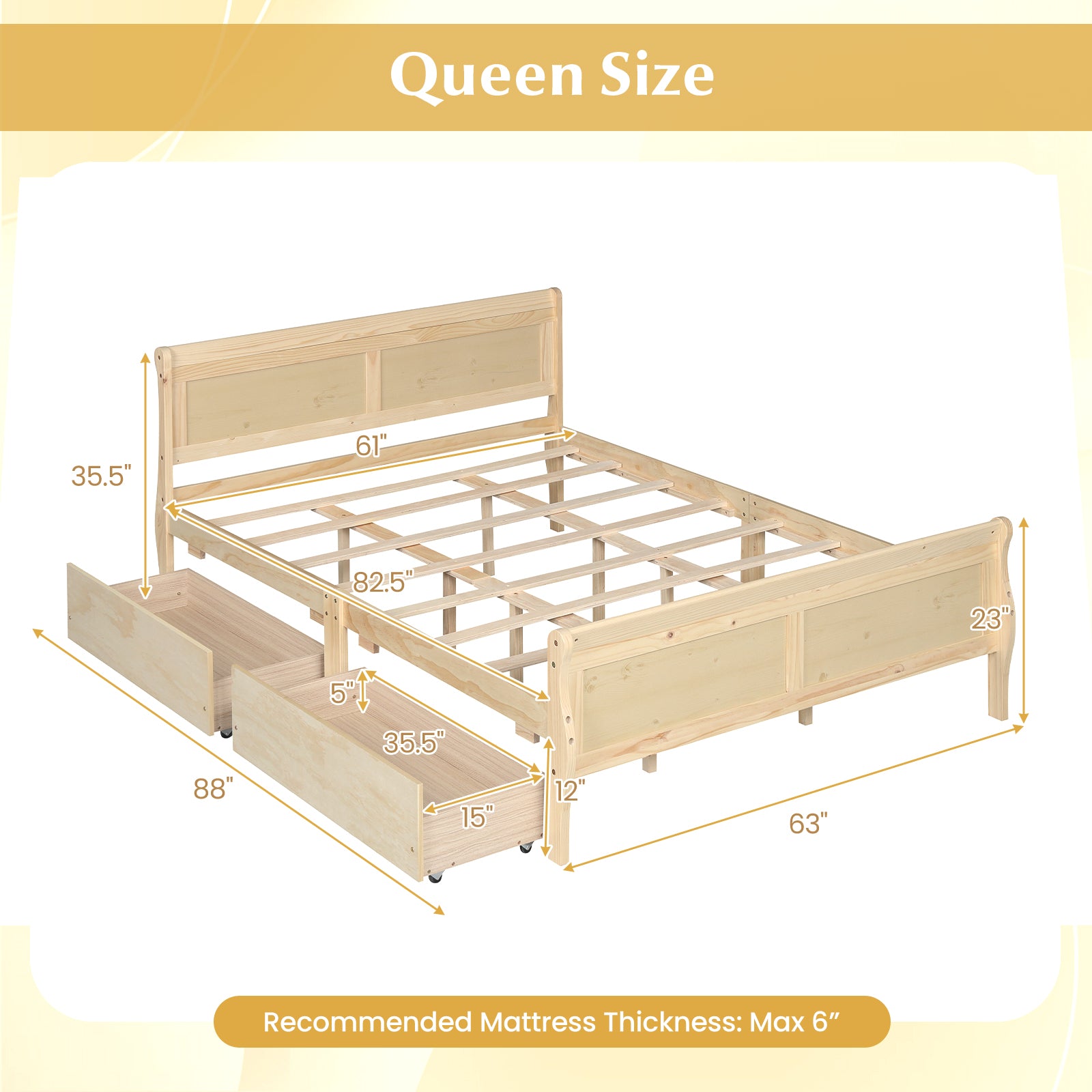Queen Bed Frame With 2 Storage Drawers, Footboard, Natural Simple Bed Frame at Gallery Canada