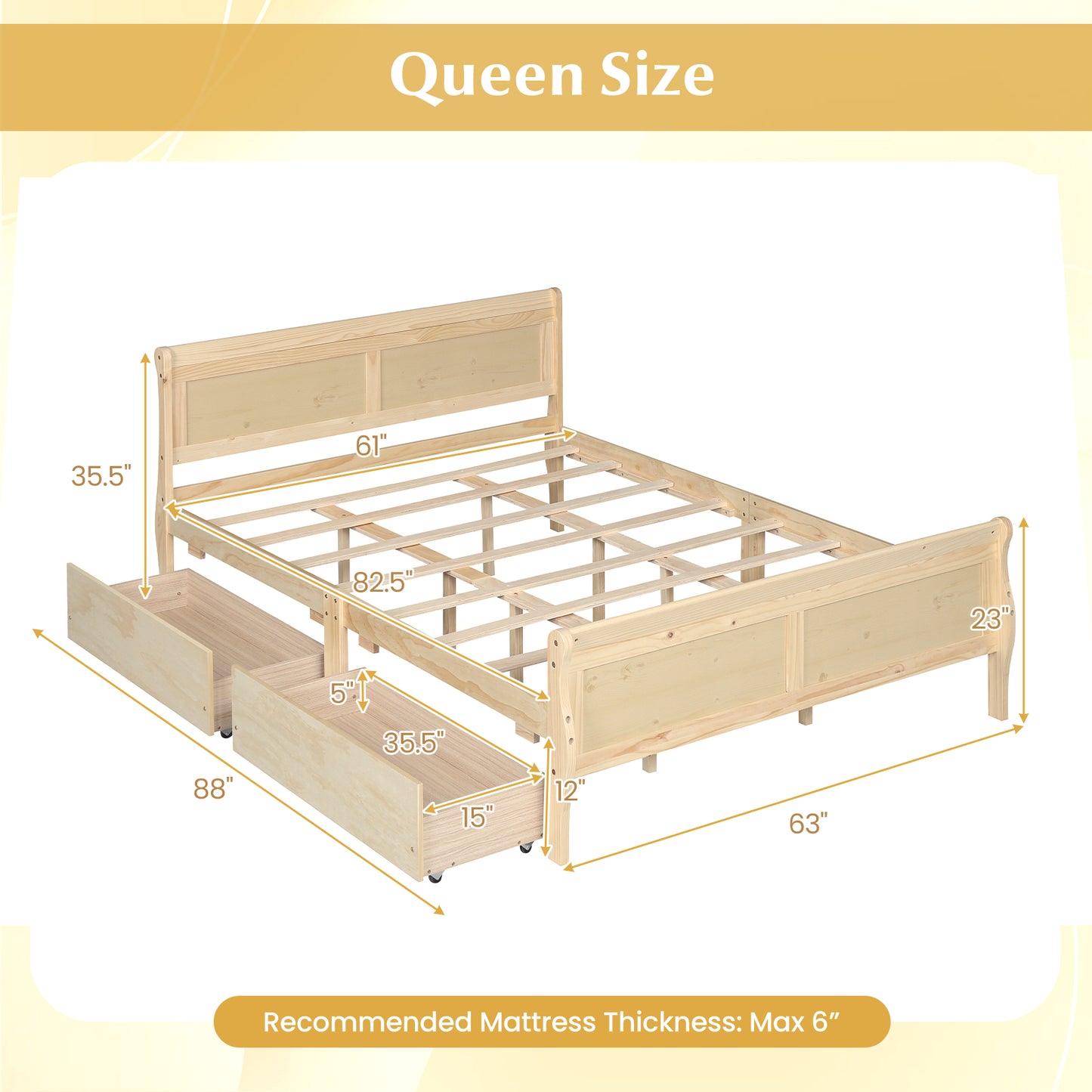 Queen Bed Frame With 2 Storage Drawers, Footboard, Natural Simple Bed Frame at Gallery Canada