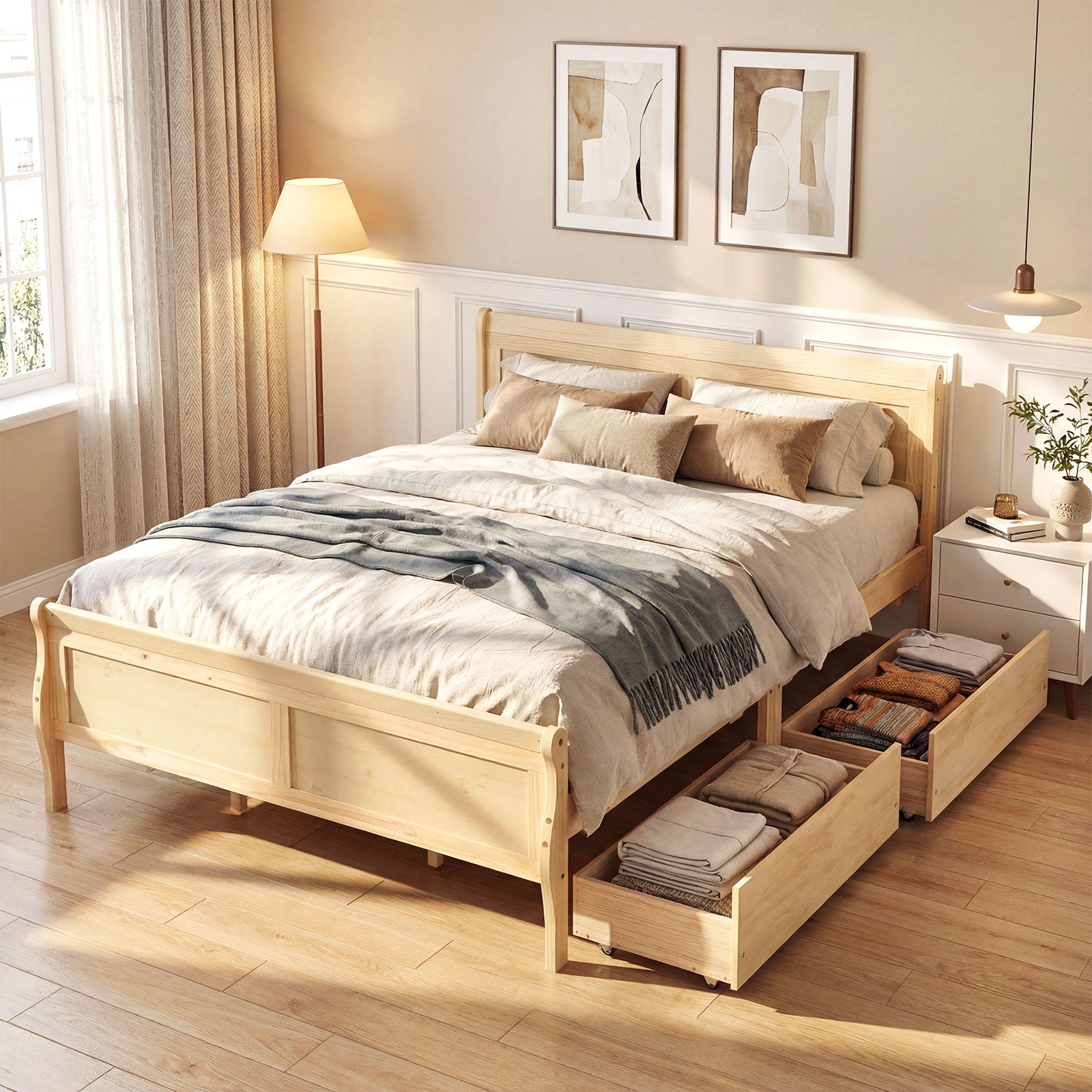 Queen Bed Frame With 2 Storage Drawers, Footboard, Natural Simple Bed Frame at Gallery Canada