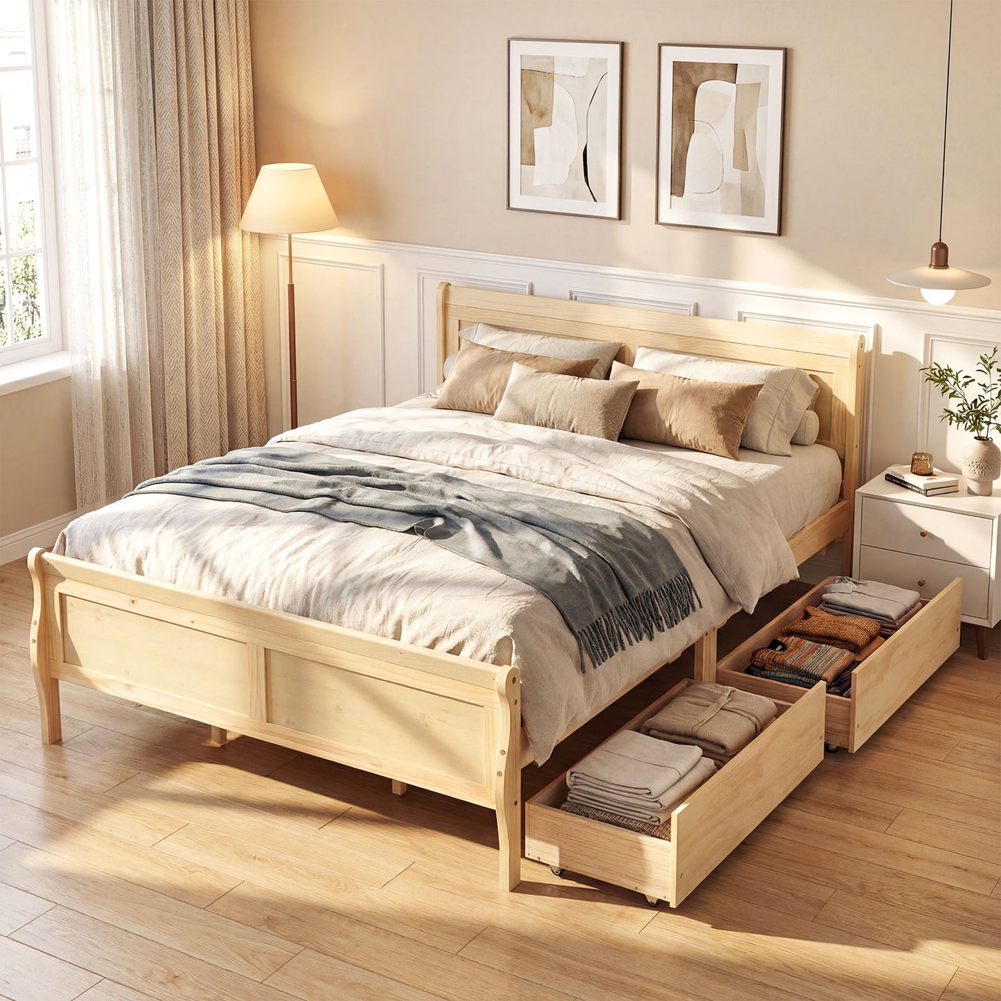 Queen Bed Frame With 2 Storage Drawers, Footboard, Natural Simple Bed Frame at Gallery Canada
