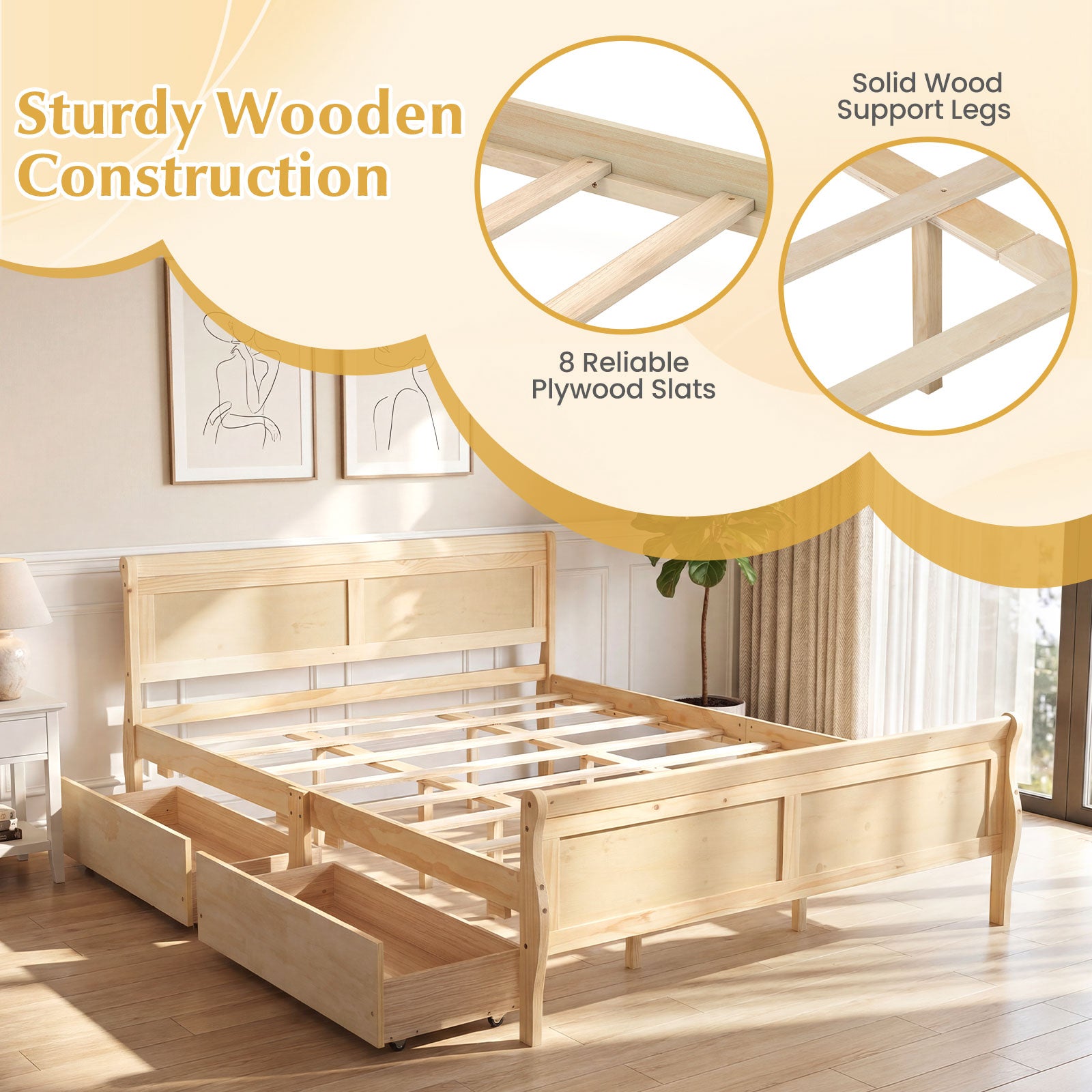 Queen Bed Frame With 2 Storage Drawers, Footboard, Natural Simple Bed Frame at Gallery Canada