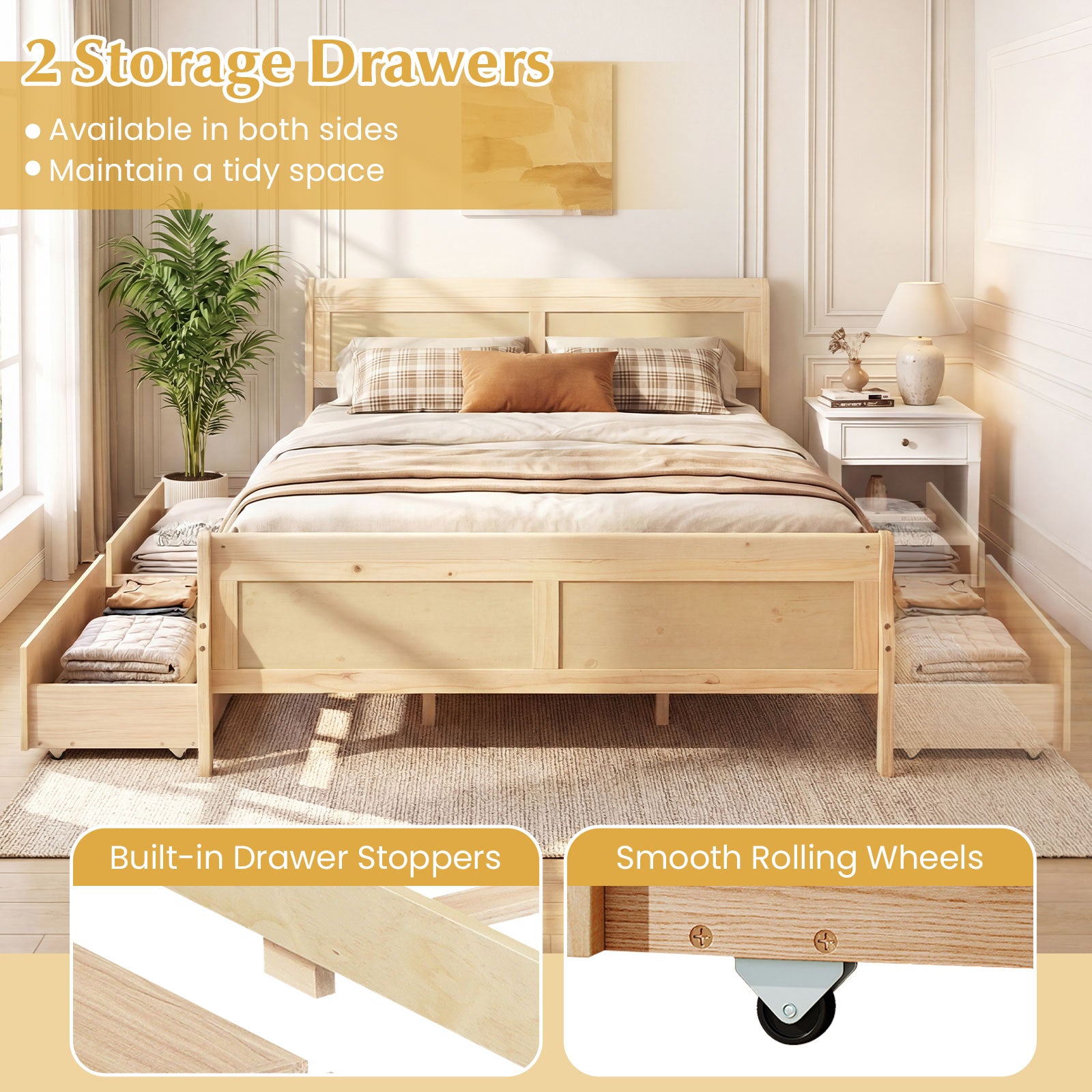 Queen Bed Frame With 2 Storage Drawers, Footboard, Natural Simple Bed Frame at Gallery Canada