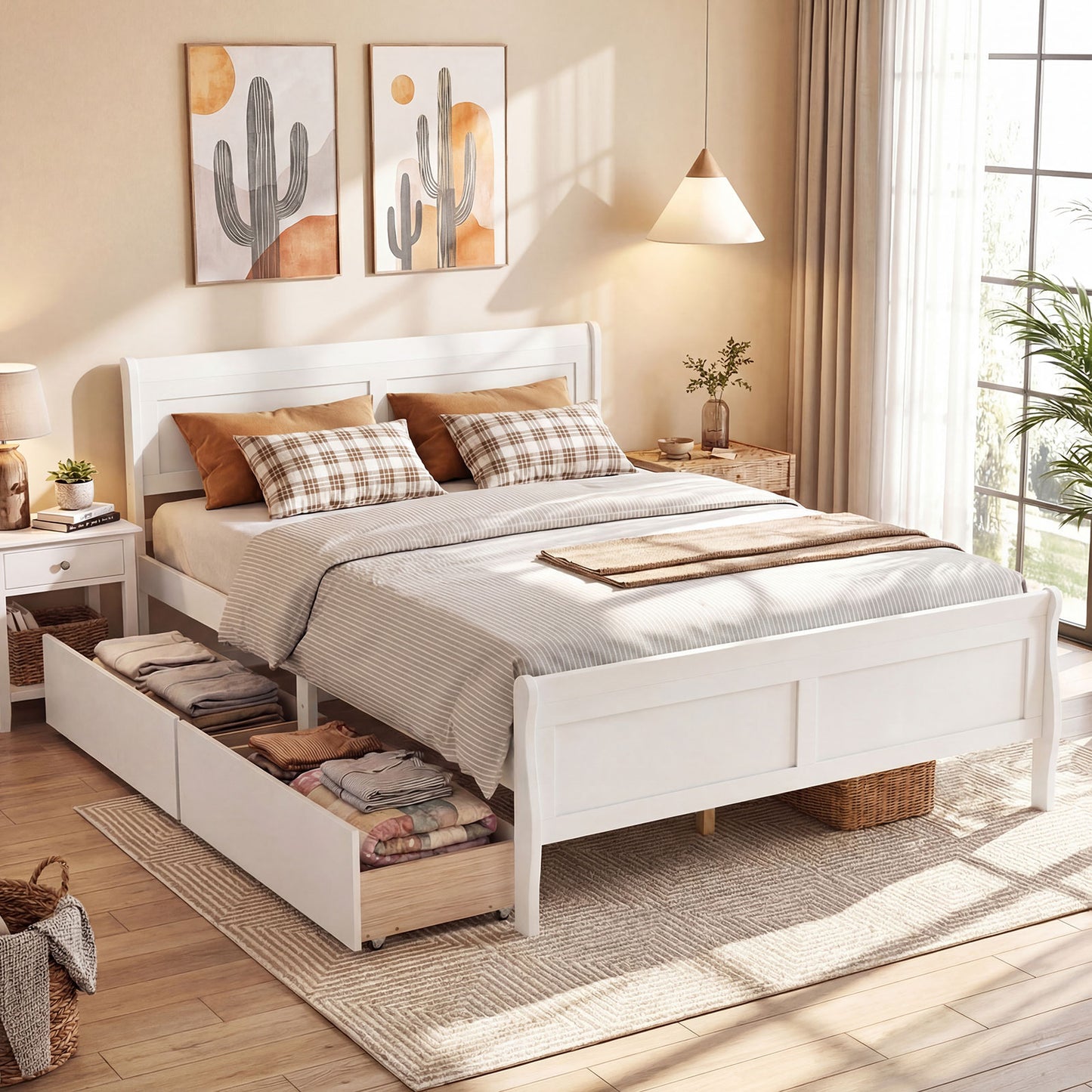 Queen Size Bed Frame, 2 Storage Drawers, Footboard, White Simple Bed Frame at Gallery Canada