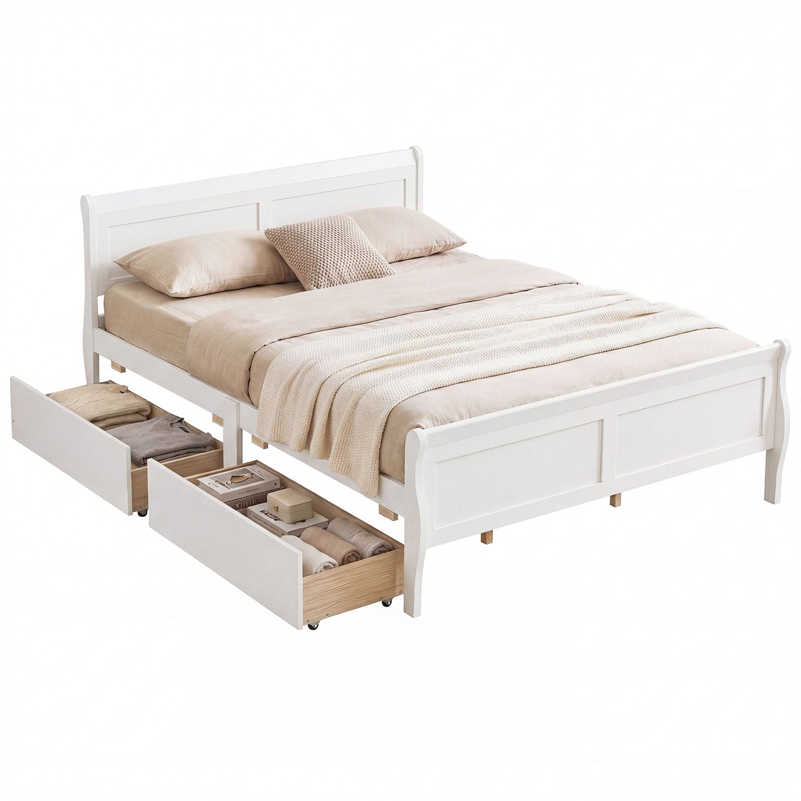 Queen Size Bed Frame, 2 Storage Drawers, Footboard, White Simple Bed Frame at Gallery Canada