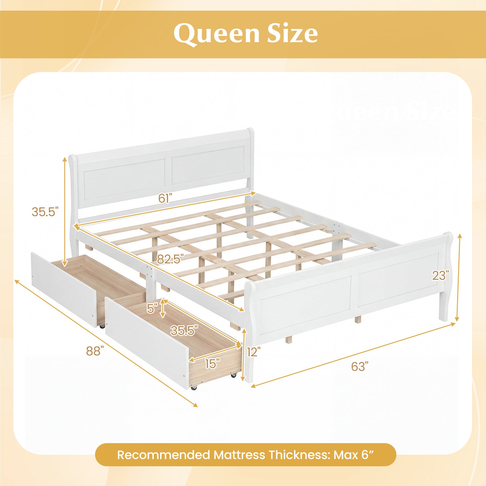 Queen Size Bed Frame, 2 Storage Drawers, Footboard, White Simple Bed Frame at Gallery Canada