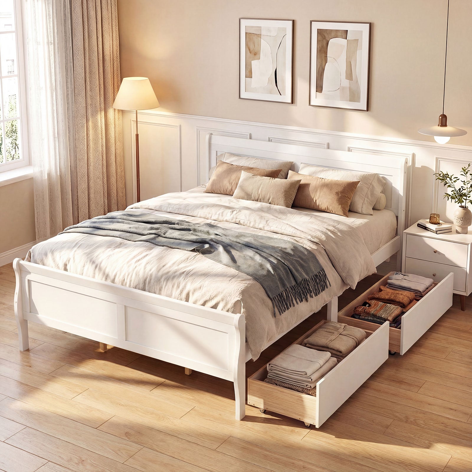 Queen Size Bed Frame, 2 Storage Drawers, Footboard, White Simple Bed Frame at Gallery Canada