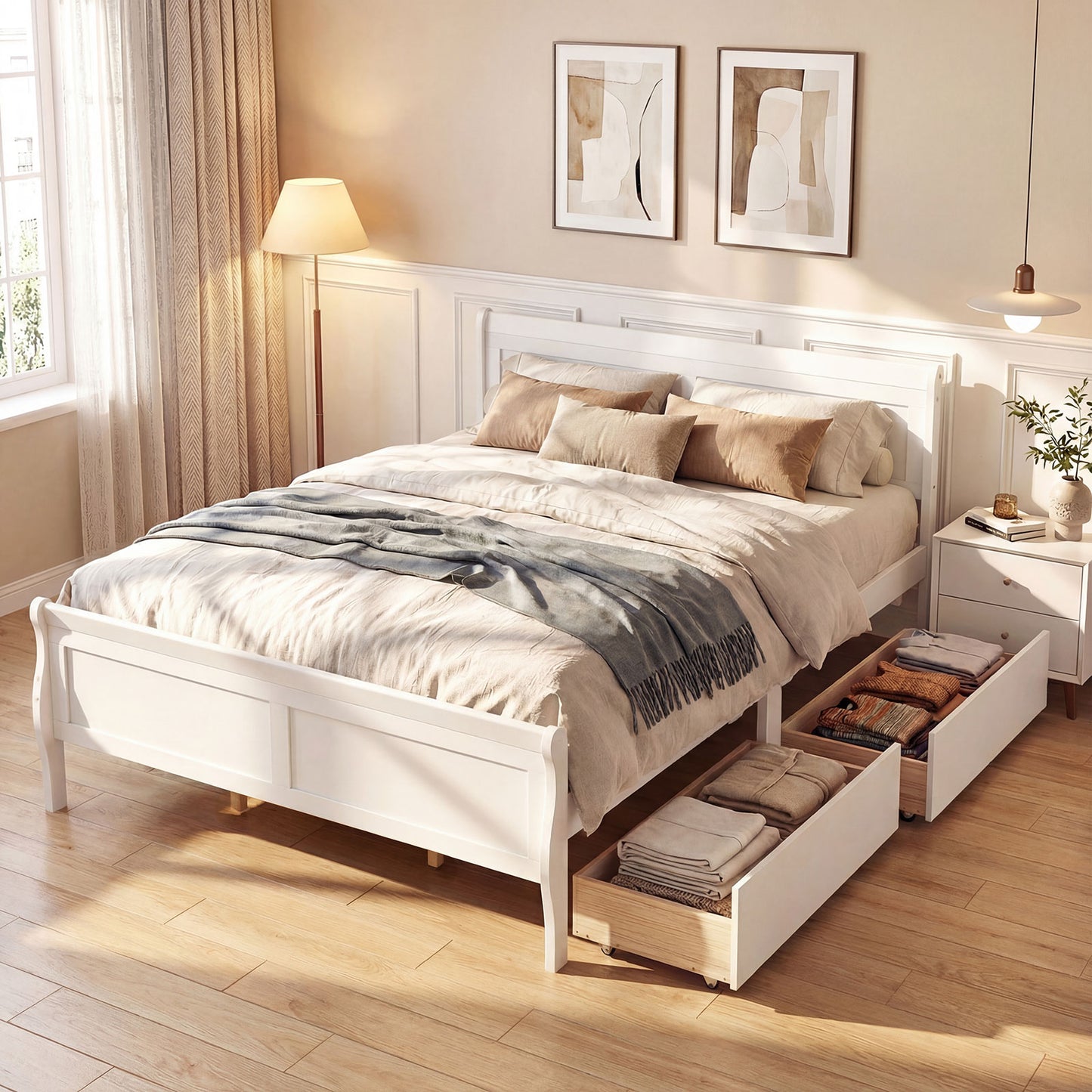 Queen Size Bed Frame, 2 Storage Drawers, Footboard, White Simple Bed Frame at Gallery Canada