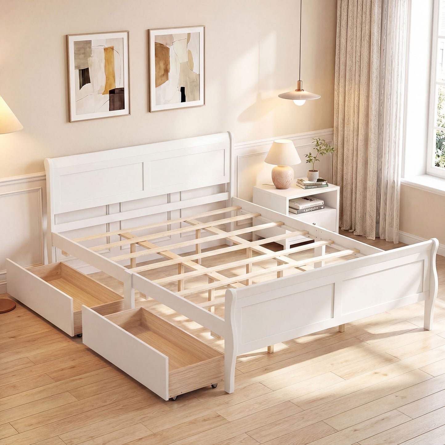 Queen Size Bed Frame, 2 Storage Drawers, Footboard, White Simple Bed Frame at Gallery Canada
