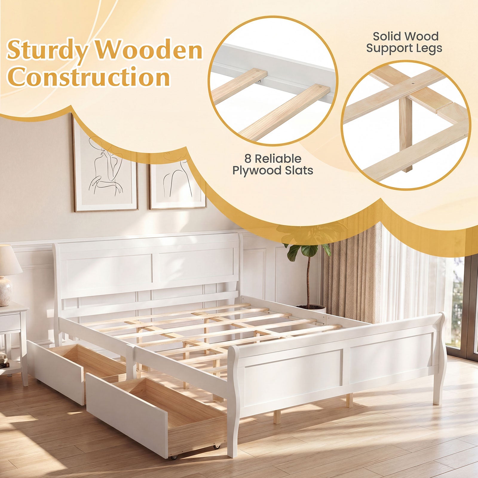 Queen Size Bed Frame, 2 Storage Drawers, Footboard, White Simple Bed Frame at Gallery Canada