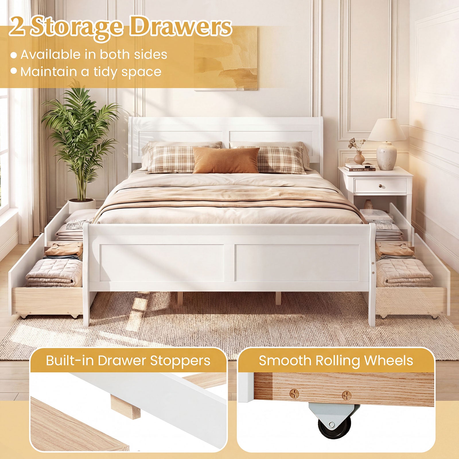 Queen Size Bed Frame, 2 Storage Drawers, Footboard, White Simple Bed Frame at Gallery Canada